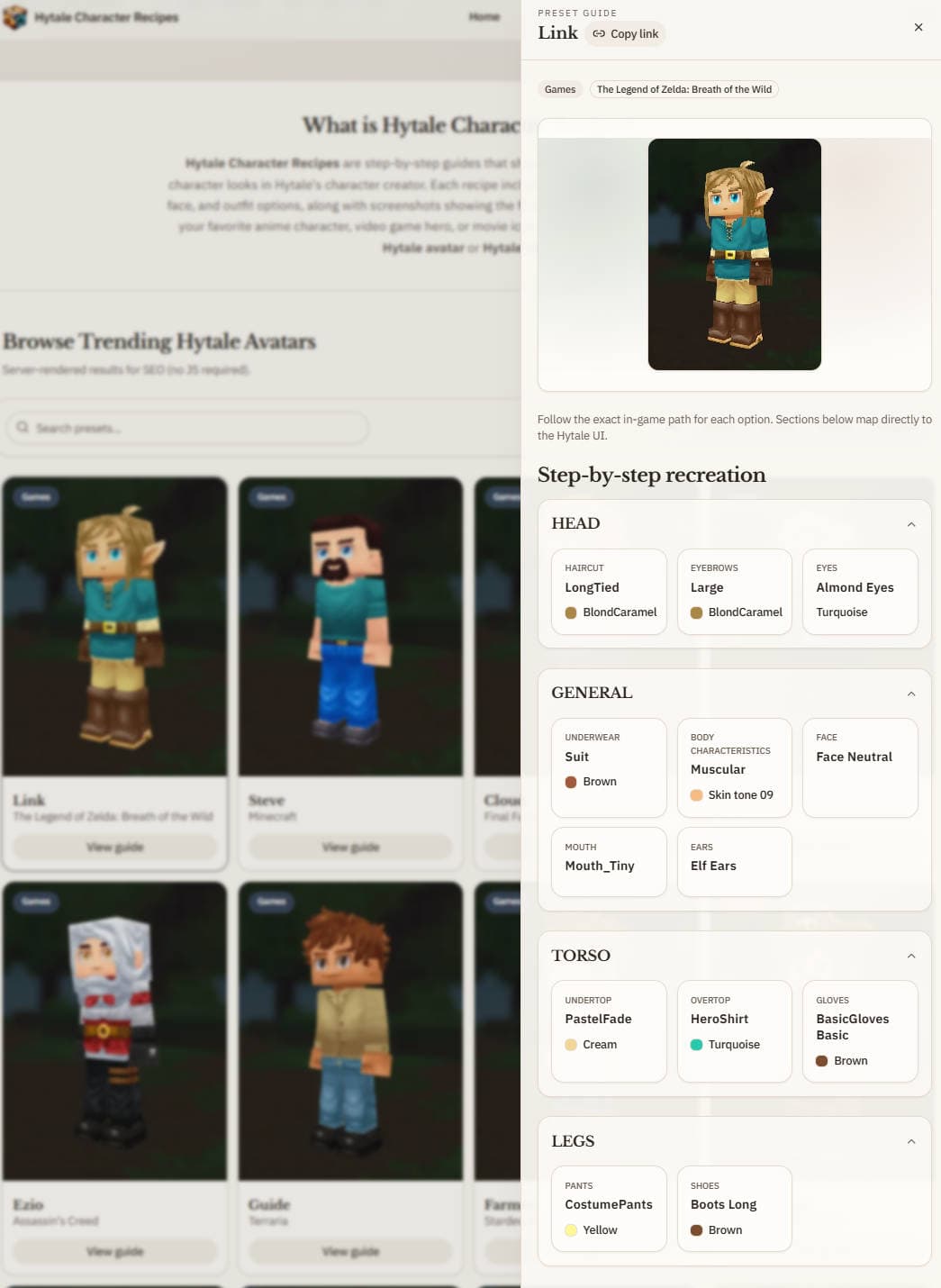 Step-by-step recreation guide for Link avatar in Hytale showing HEAD, TORSO, and LEGS settings