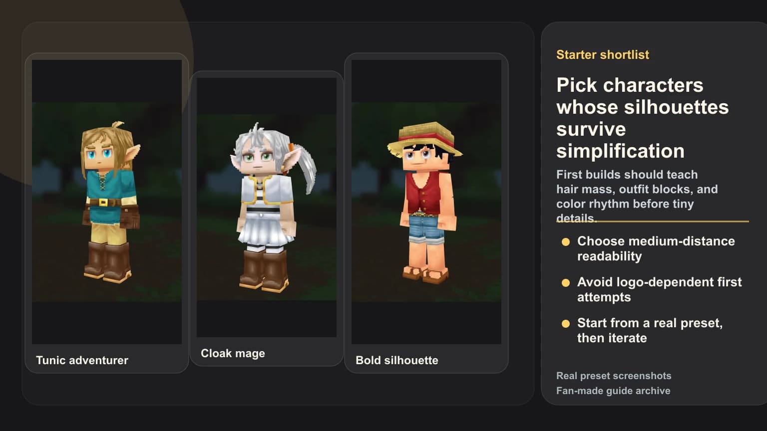 Best Characters to Recreate in Hytale First: Link, Frieren, and Other Easy Silhouettes Real HytaleCharacter preset screenshots of Link, Frieren, and Luffy used to show beginner-friendly Hytale recreation targets with readable silhouettes.