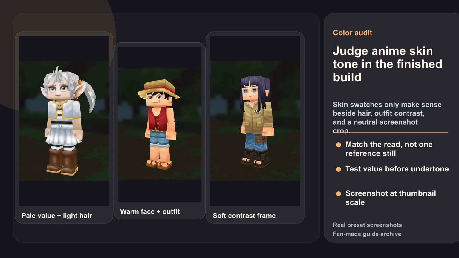 How to Match Anime Skin Tones in Hytale: A Color-Space Guide for Better Character Recipes Real HytaleCharacter preset screenshots of Frieren, Luffy, and Hyuga Hinata used to compare pale, warm, and softly contrasted anime skin tone reads in Hytale.
