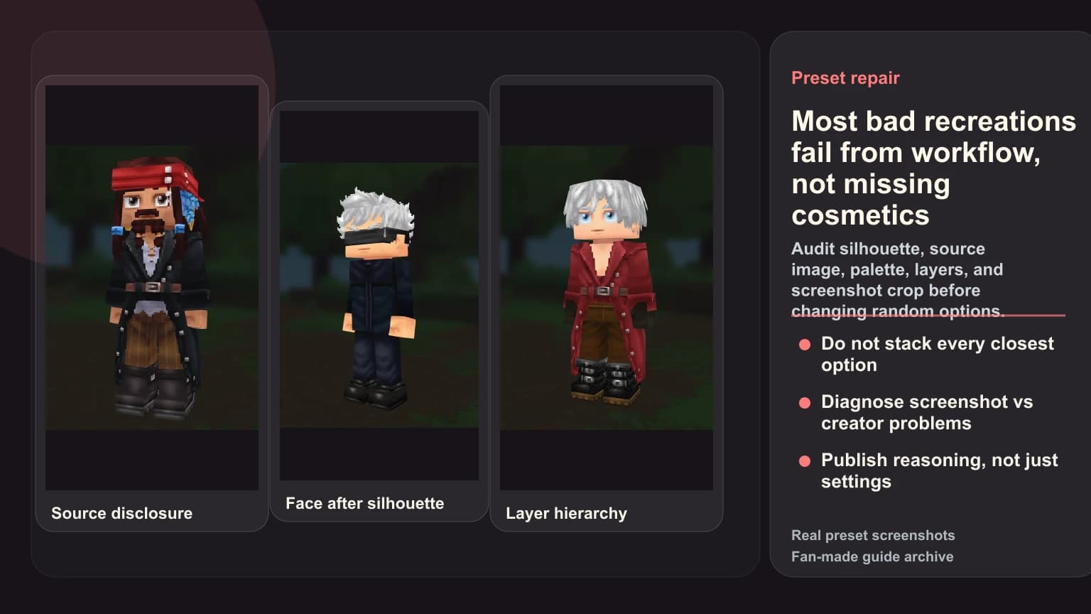 10 Hytale Character Creator Mistakes That Make Good Presets Look Wrong Real HytaleCharacter preset screenshots of Jack Sparrow, Gojo Satoru, and Dante used to explain source disclosure, face framing, and layer hierarchy mistakes in Hytale recipes.