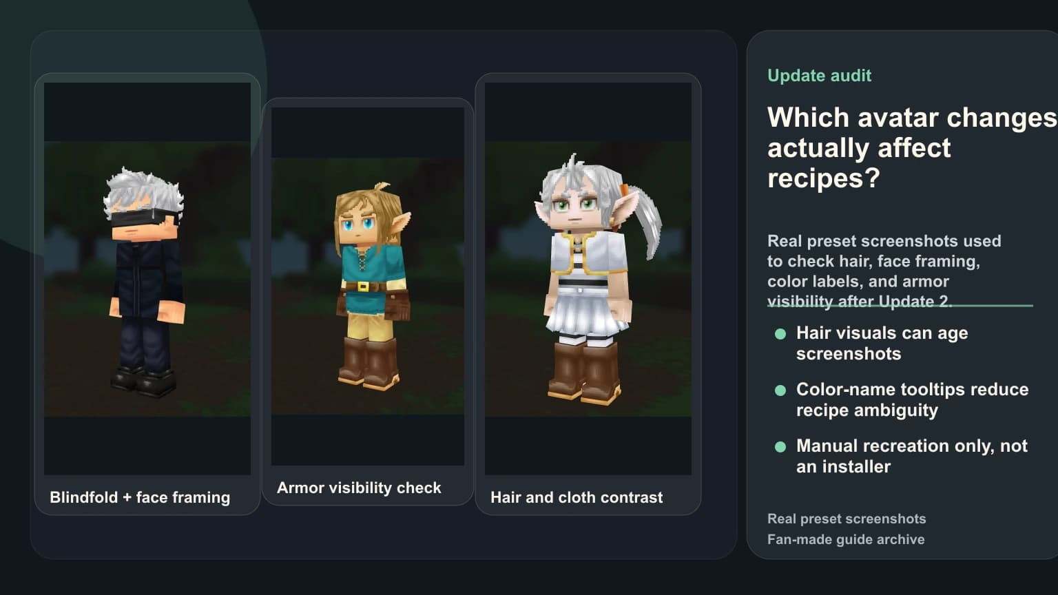 What Hytale Update 2 Changed for Character Builders: New Avatar Options That Actually Matter Real HytaleCharacter preset screenshots of Gojo Satoru, Link, and Frieren used to review hair, face framing, armor visibility, and manual recipe quality after Hytale Update 2.
