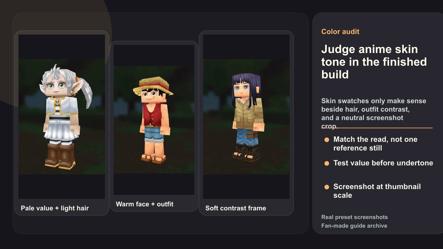 Real HytaleCharacter preset screenshots of Frieren, Luffy, and Hyuga Hinata used to compare pale, warm, and softly contrasted anime skin tone reads in Hytale.