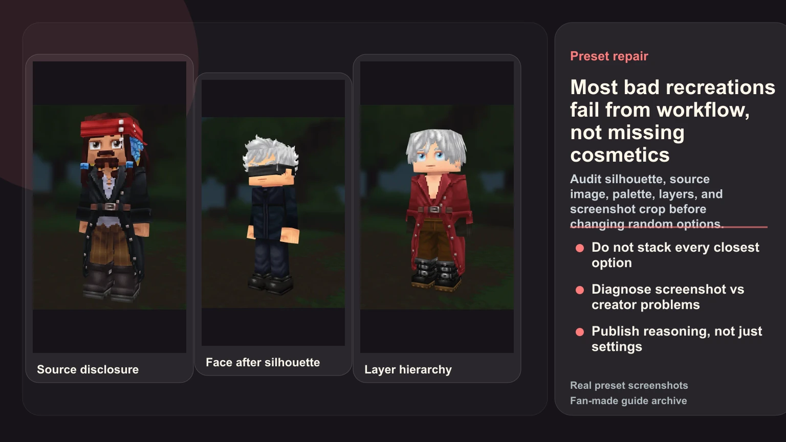 Real HytaleCharacter preset screenshots of Jack Sparrow, Gojo Satoru, and Dante used to explain source disclosure, face framing, and layer hierarchy mistakes in Hytale recipes.