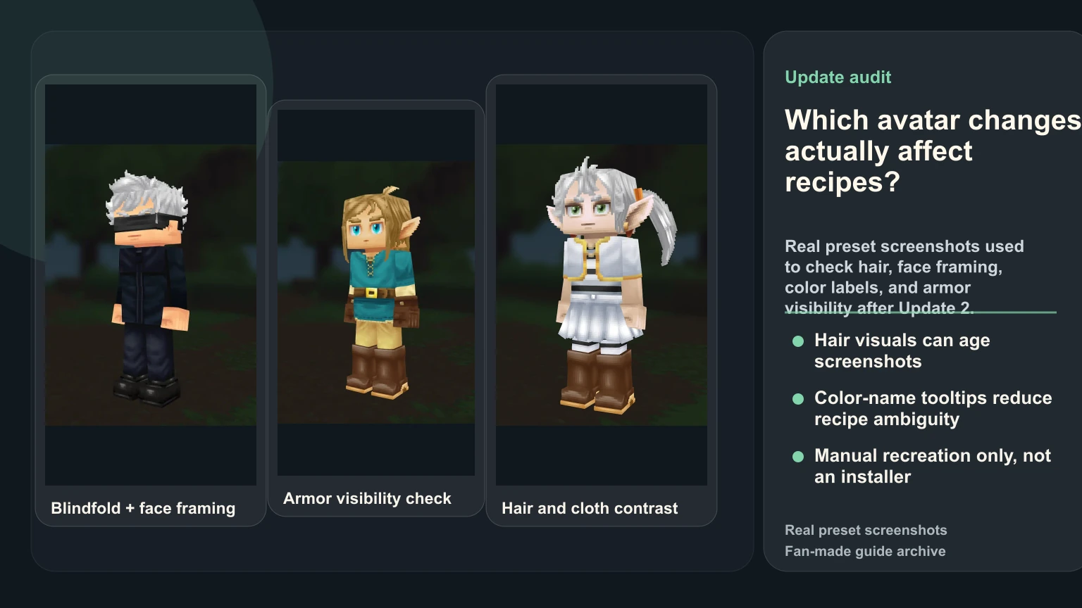 Real HytaleCharacter preset screenshots of Gojo Satoru, Link, and Frieren used to review hair, face framing, armor visibility, and manual recipe quality after Hytale Update 2.